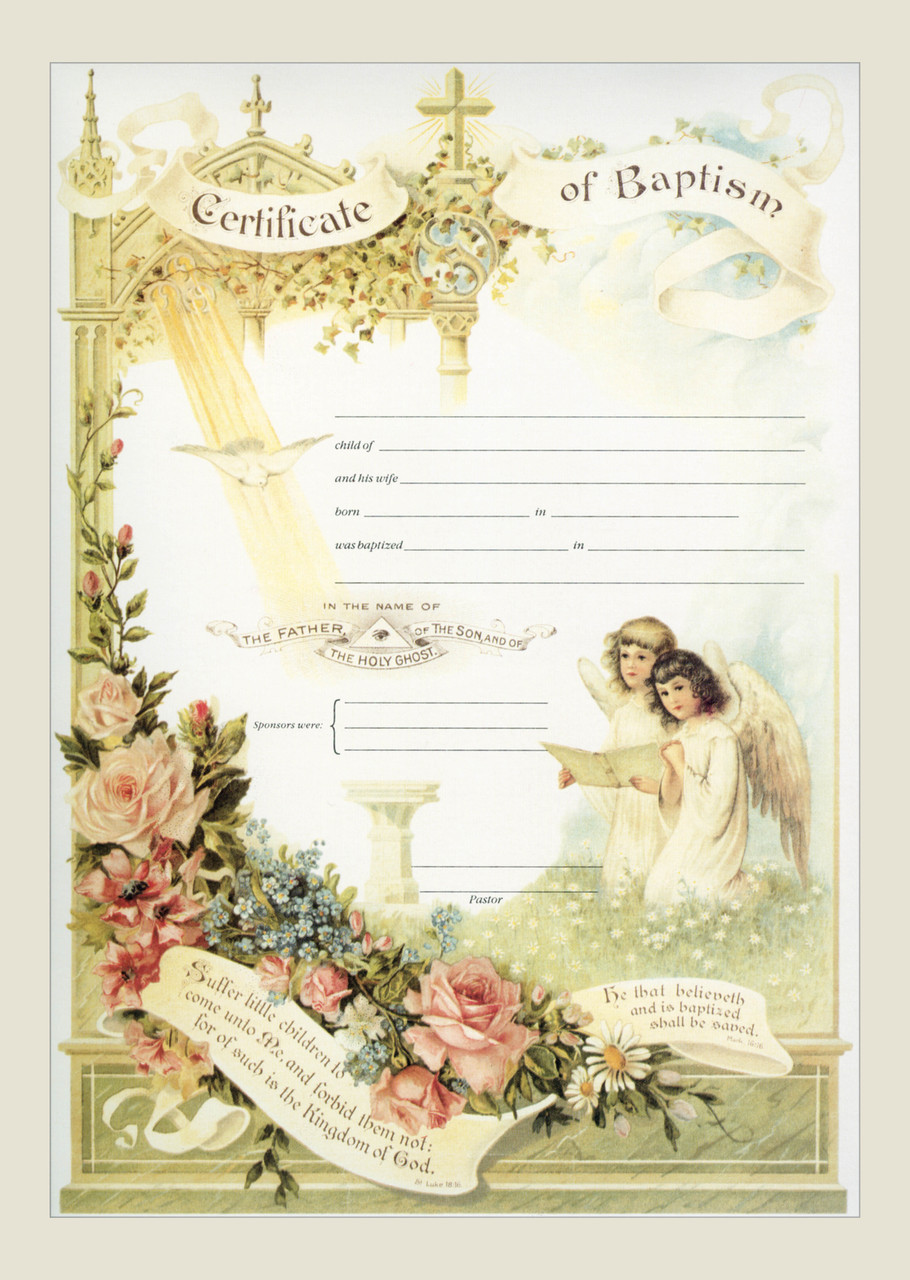 Traditional Baptism Sacrament Certificate with Angels Unframed
