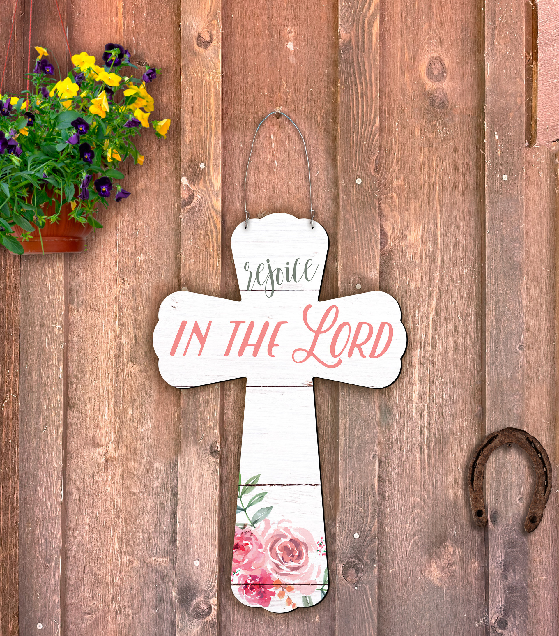 Outdoor Metal Art “Rejoice in the Lord“ Cross