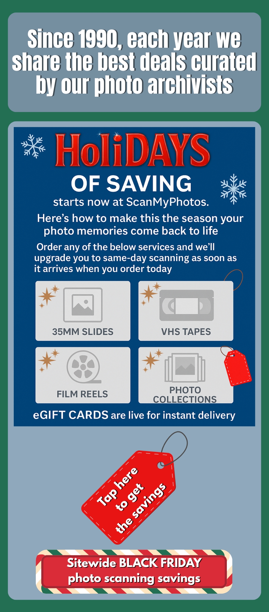 Top selling photo scanning boxes for VHS, slides, pictures, and home movie film. 