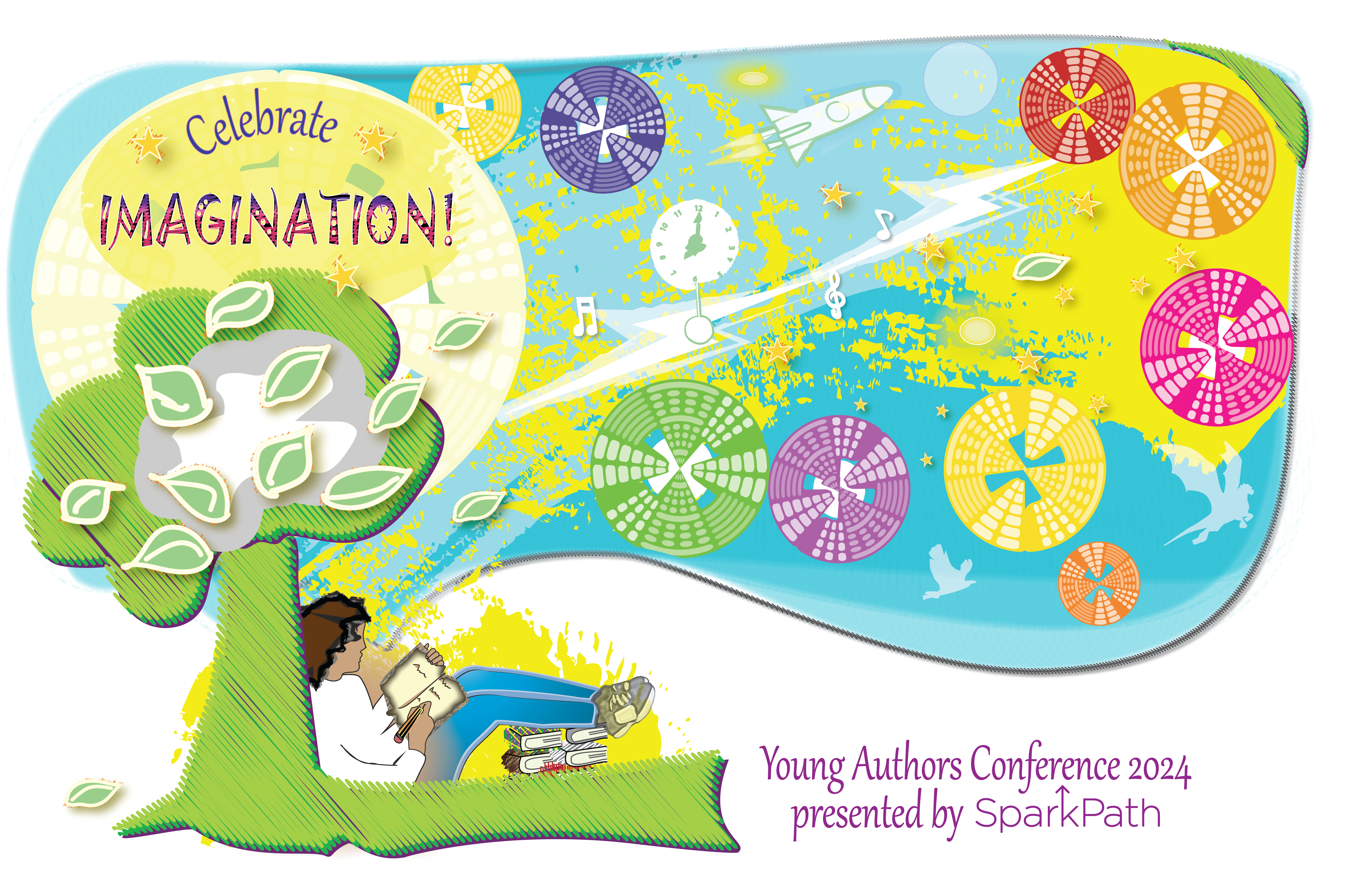 Young Authors Conference logo. Student with book and pencil sitting under a tree with exploding color.