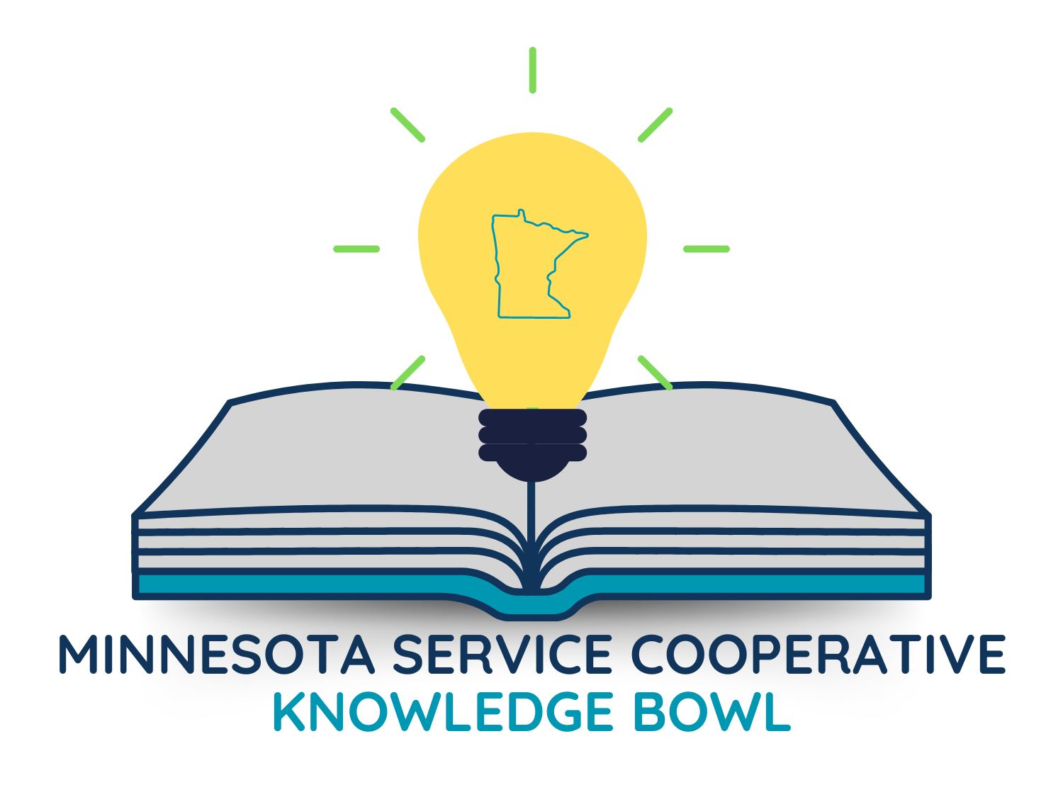 Lightbulb with a Minnesota-shaped filament hovering above an open book below the words MN Service Cooperative Knowledge Bowl