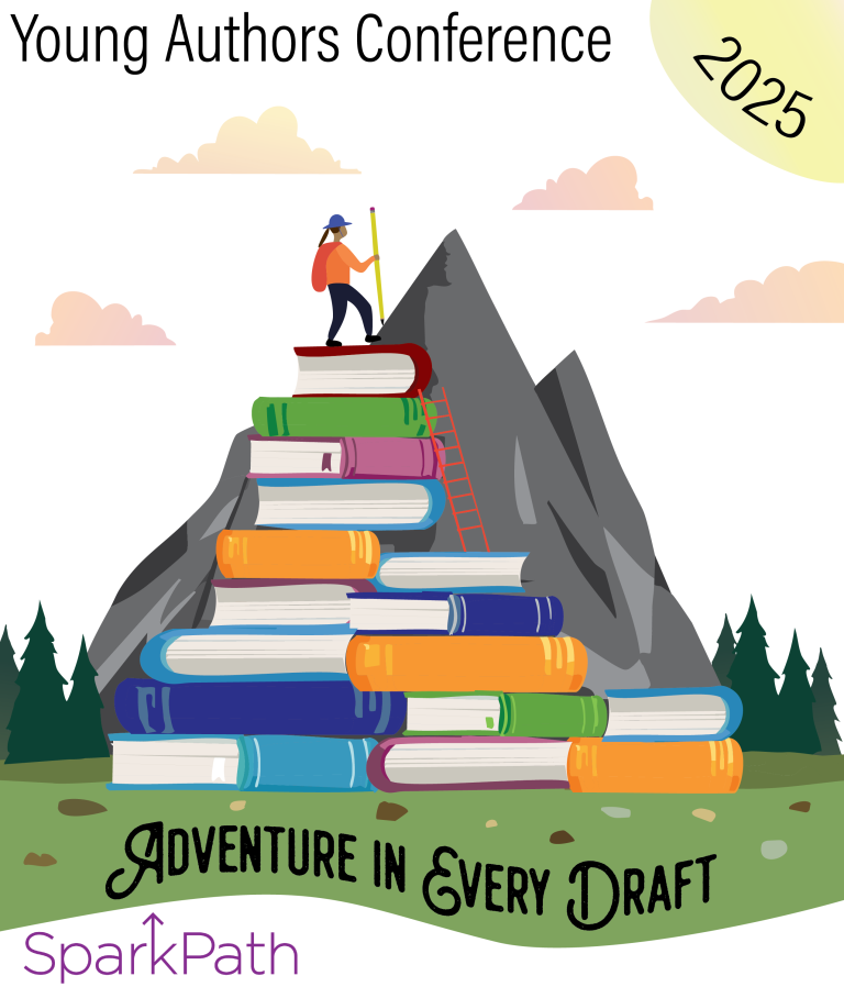 A hiker with a pencil as a walking stick climbing a mountain made of books.