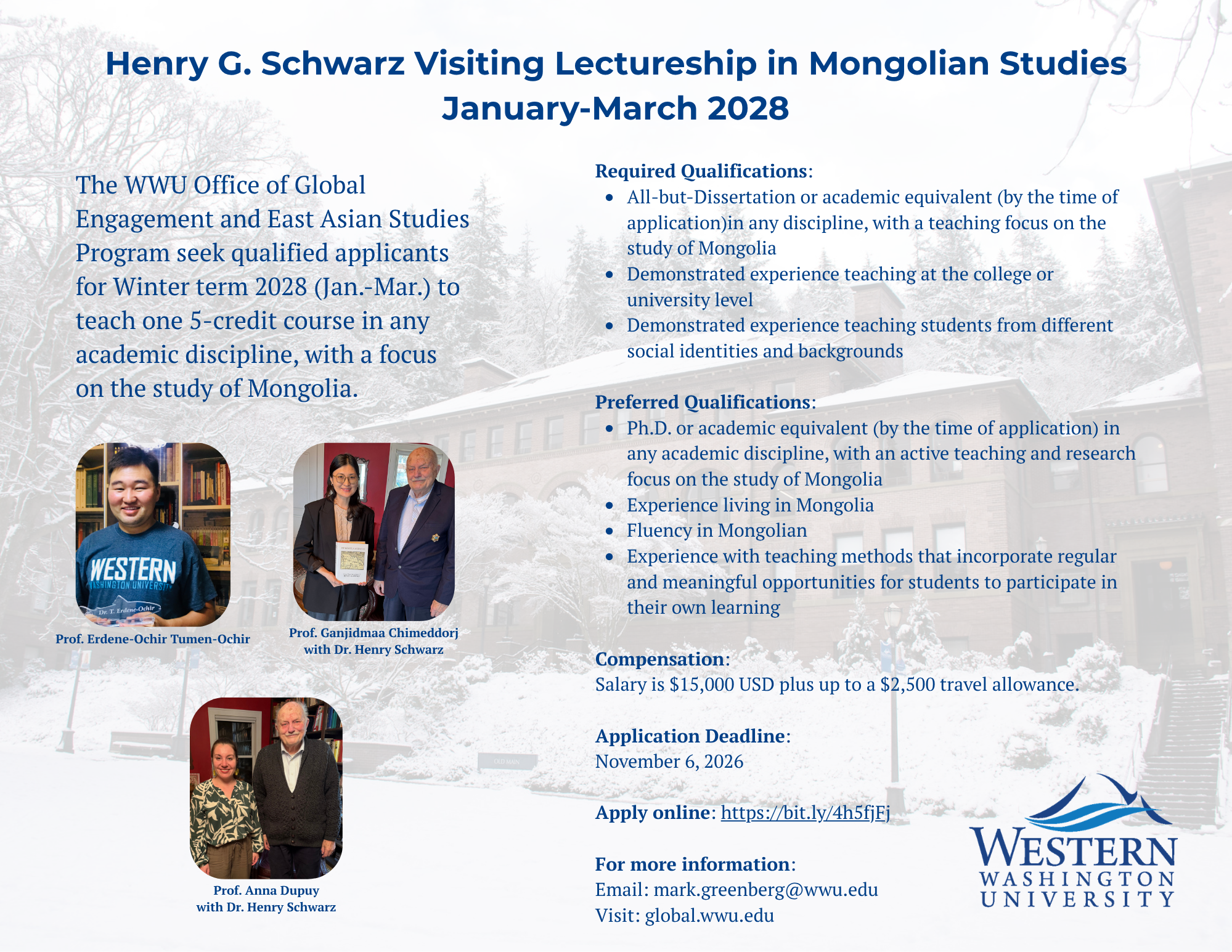 A flyer for the Henry G. Schwarz Visiting Lectureship in Mongolian Studies. Text provides information about the Lectureship that is also described in the text below. 