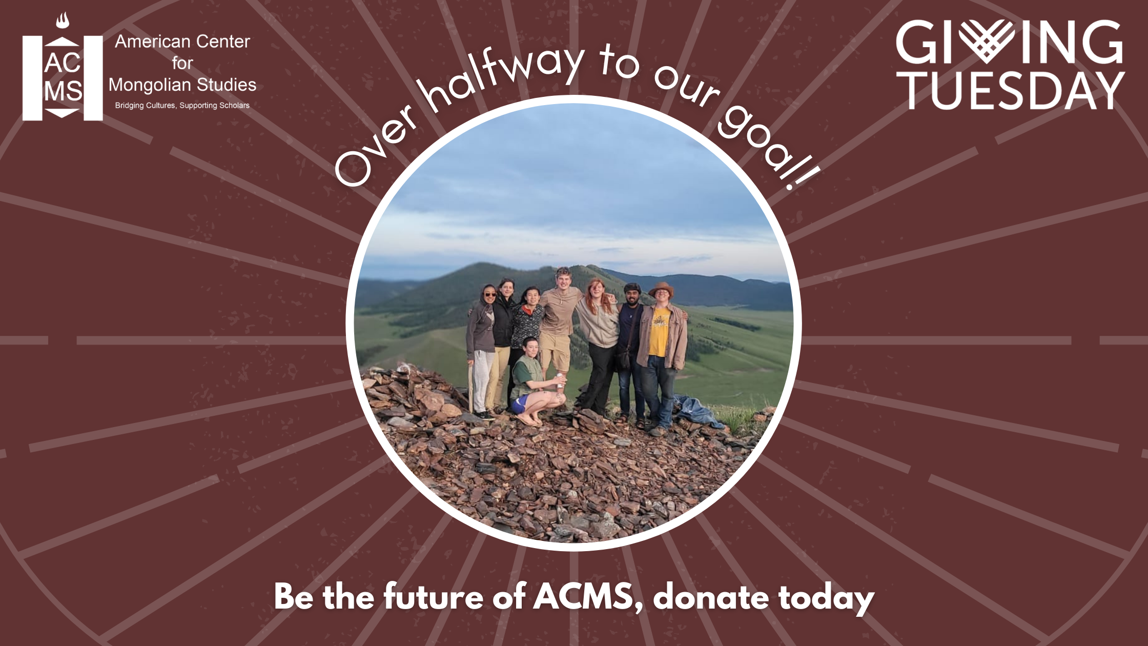 A branded image that says “Over halfway to our goal! Be the future of ACMS, donate today.“