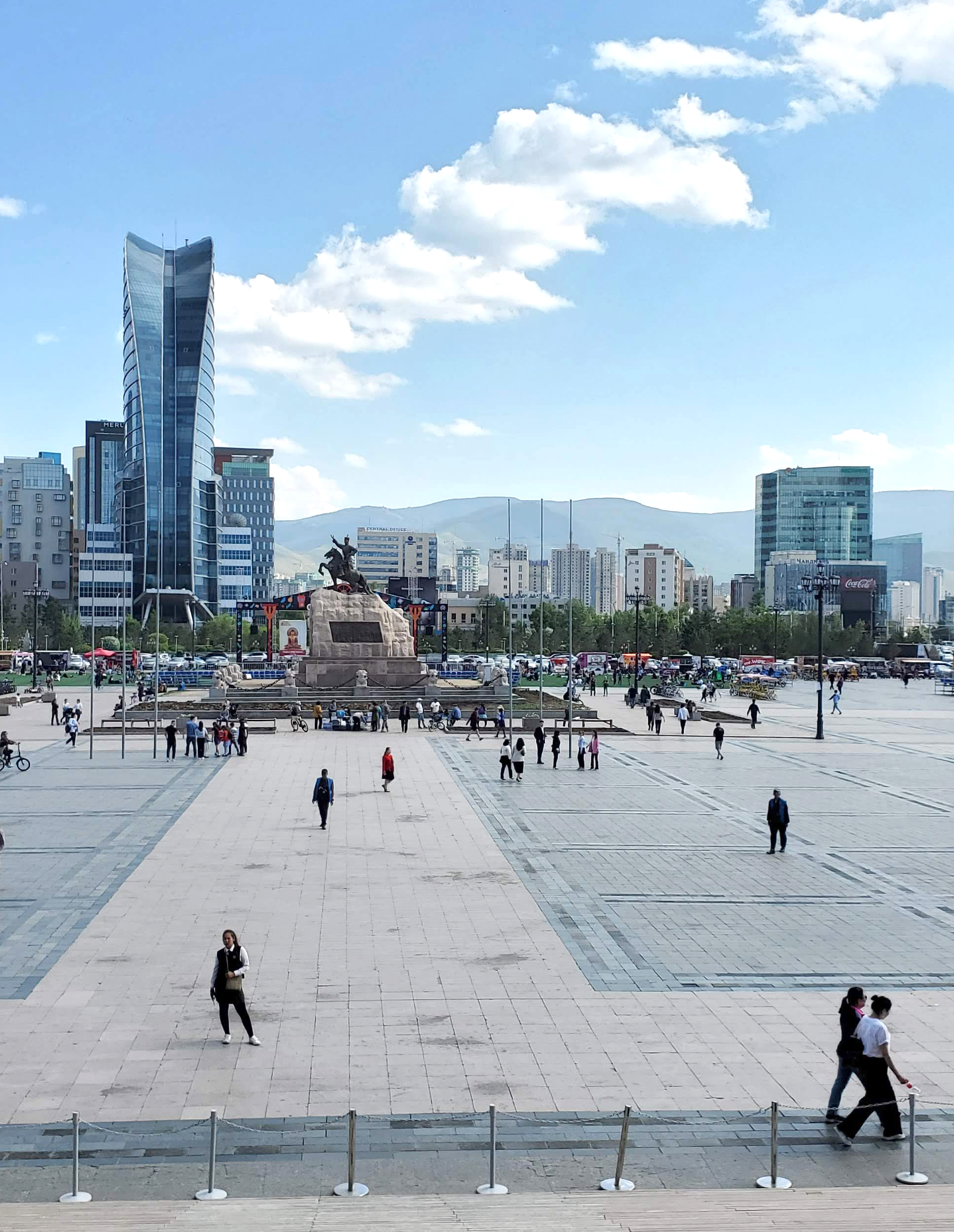 A panoramic view of the Ulaanbaatar skyline taken looking over Sukhbaatar Square, a large public plaza