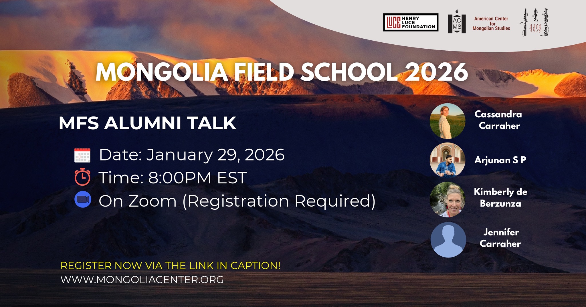 A branded image that says “ACMS Mongolia Field School 2026: MFS Alumni Talk. Date: January 29, 2026. Time: 8pm ET. On Zoom (Registration Required).“