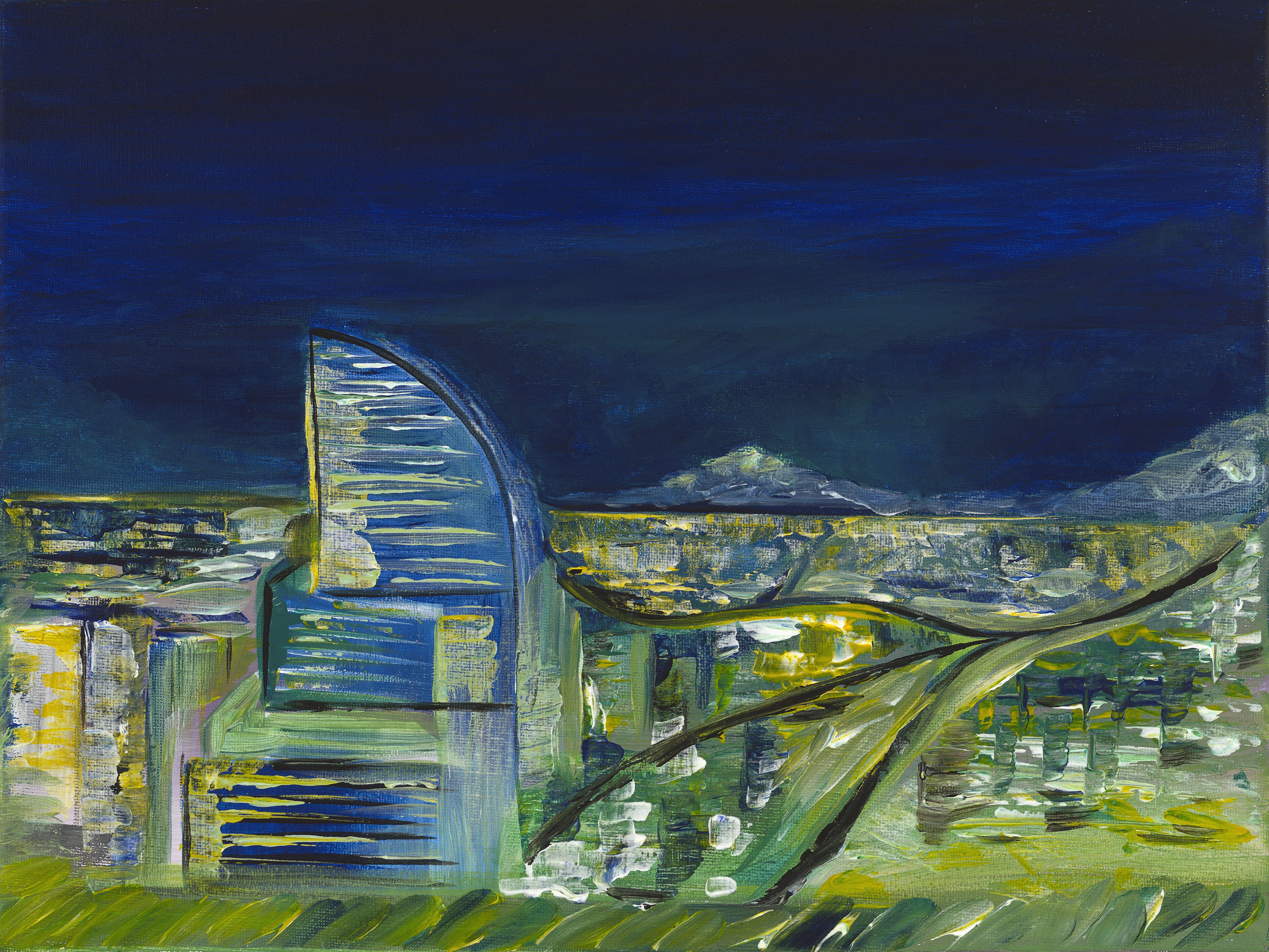 A blue, green, and yellow painting of the Ulaanbaatar skyline. 