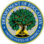 The U.S. Department of Education's Logo, which features a blue ring with white text reading “Department of Education United States of America,“ which surrounds a picture of a tree with sunbeams shining from behind it.