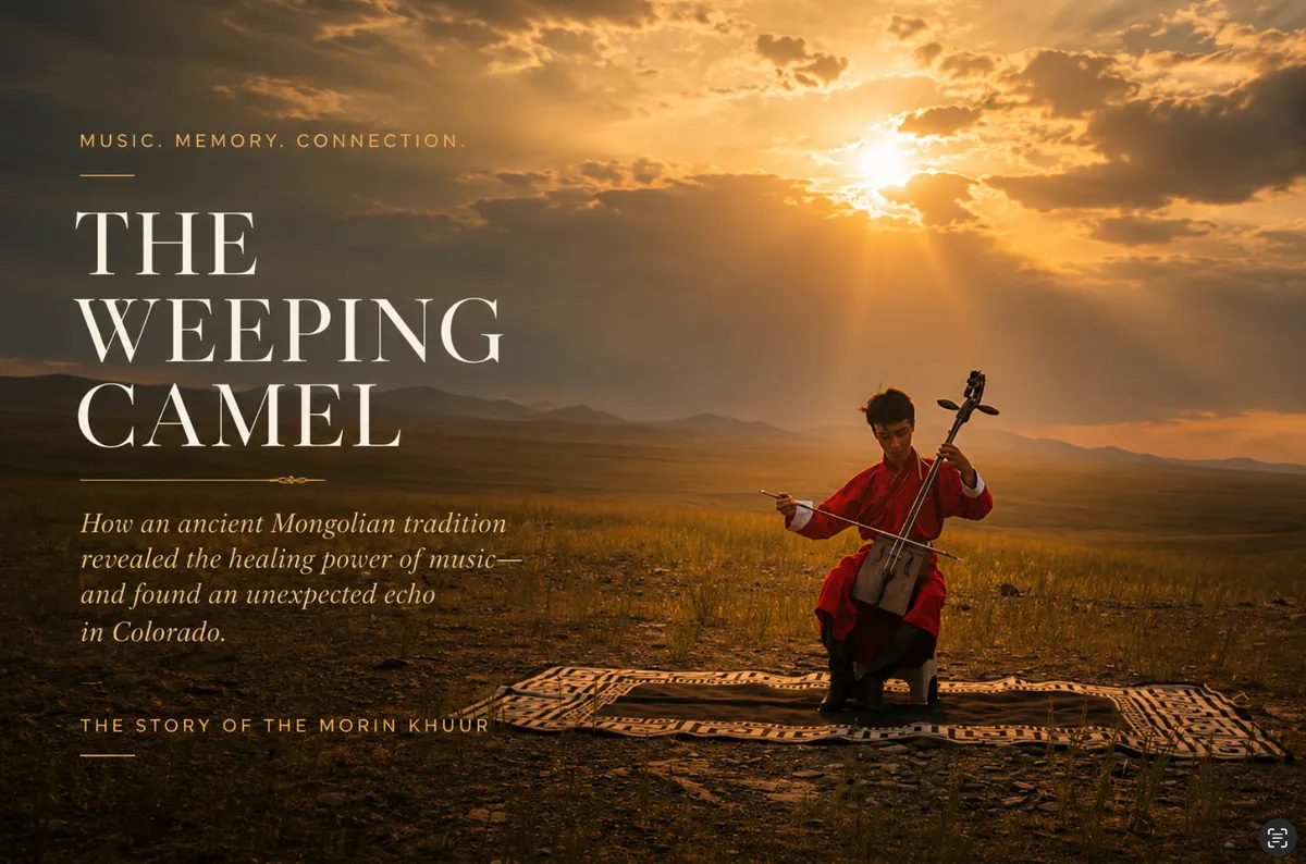 A poster with the title “The Weeping Camel“ and a picture of a young Mongolian man sitting outside playing the horsehead fiddle.