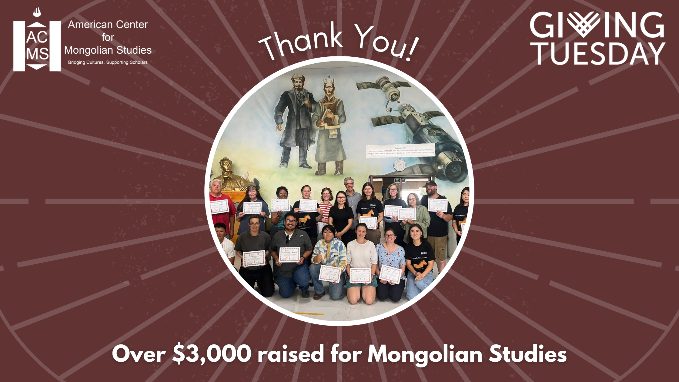 A branded image that says “Thank you! Over $3,000 raised for Mongolian Studies.“