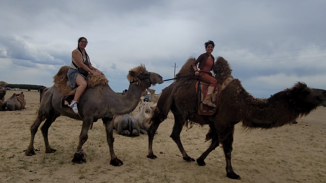 Two people riding bactrian camels and smiling at the camels