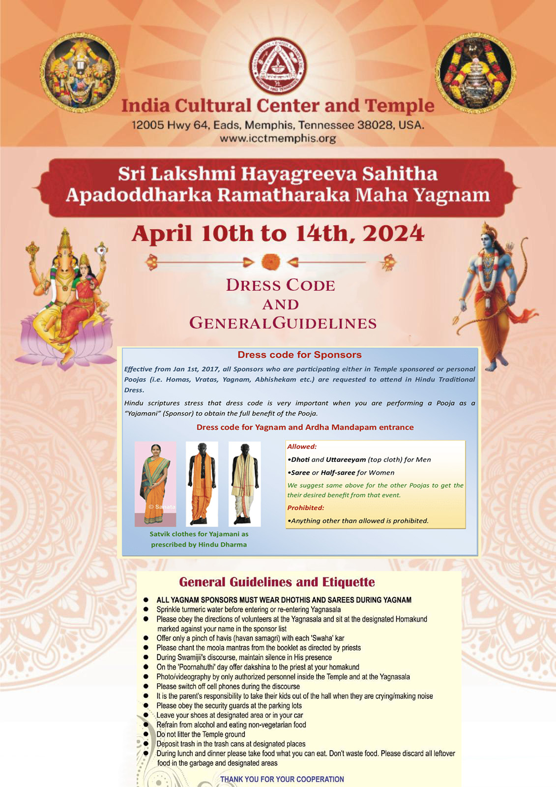 Dress Code and General Guidelines for Sri Lakshmi Hayagreeva Sahitha Apadoddharka Ramatharaka Maha Yagnam 2024