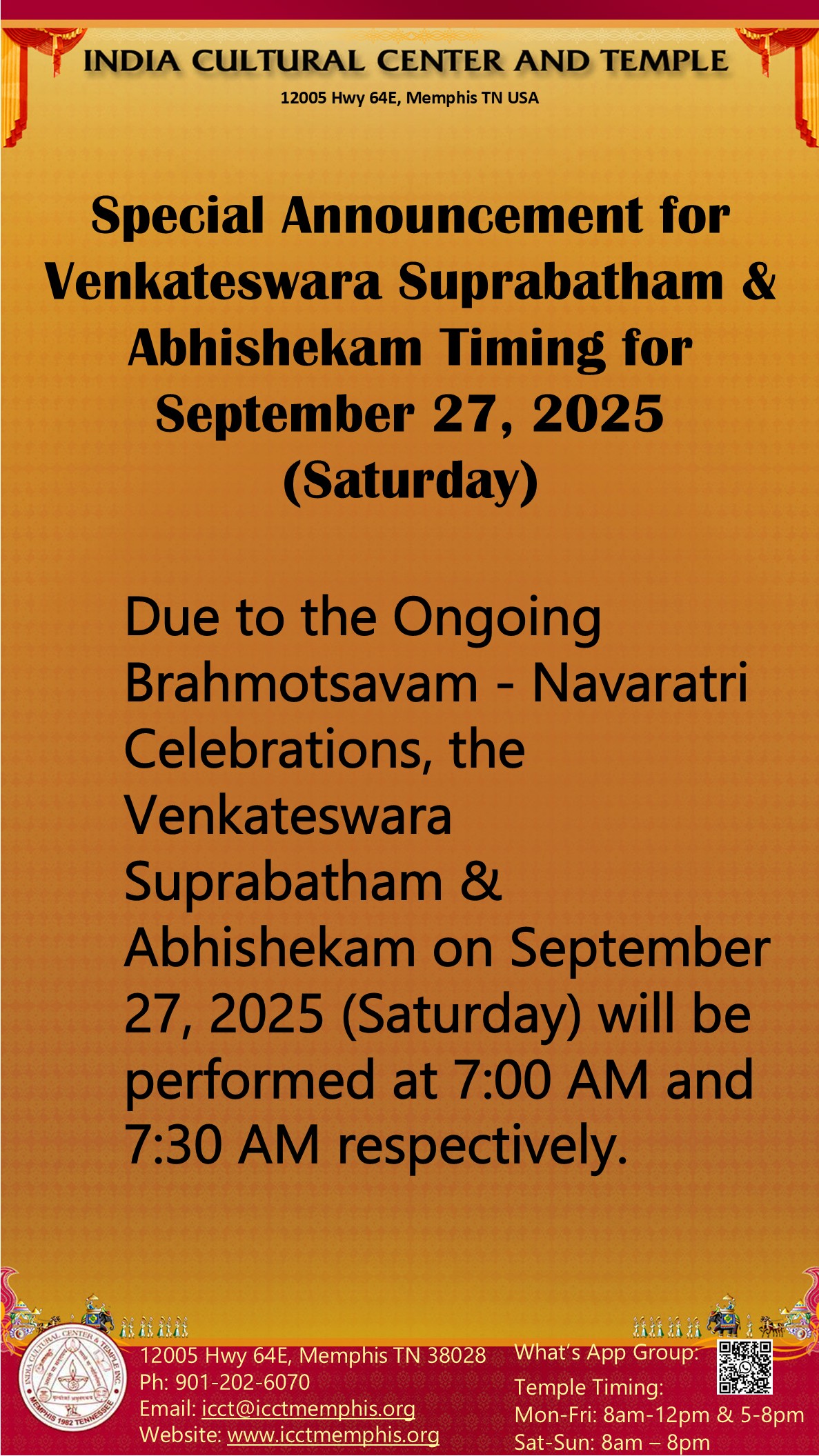Saturday, Sep 27 Updated Timings for Venkateswara Suprabatham & Abhishekam 