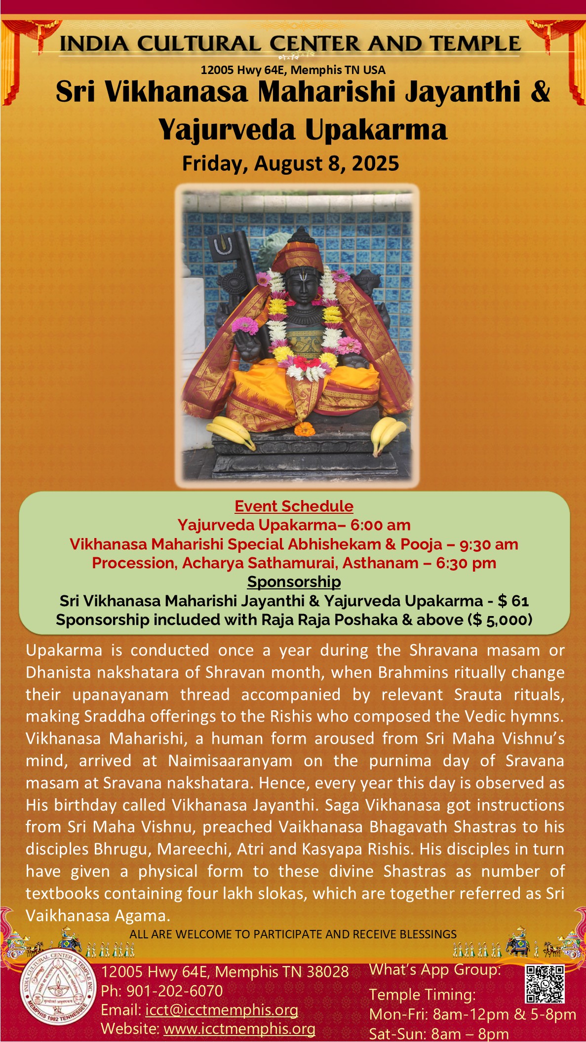 Sri Vikhanasa Maharishi Jayanthi & Yajurveda Upakarma