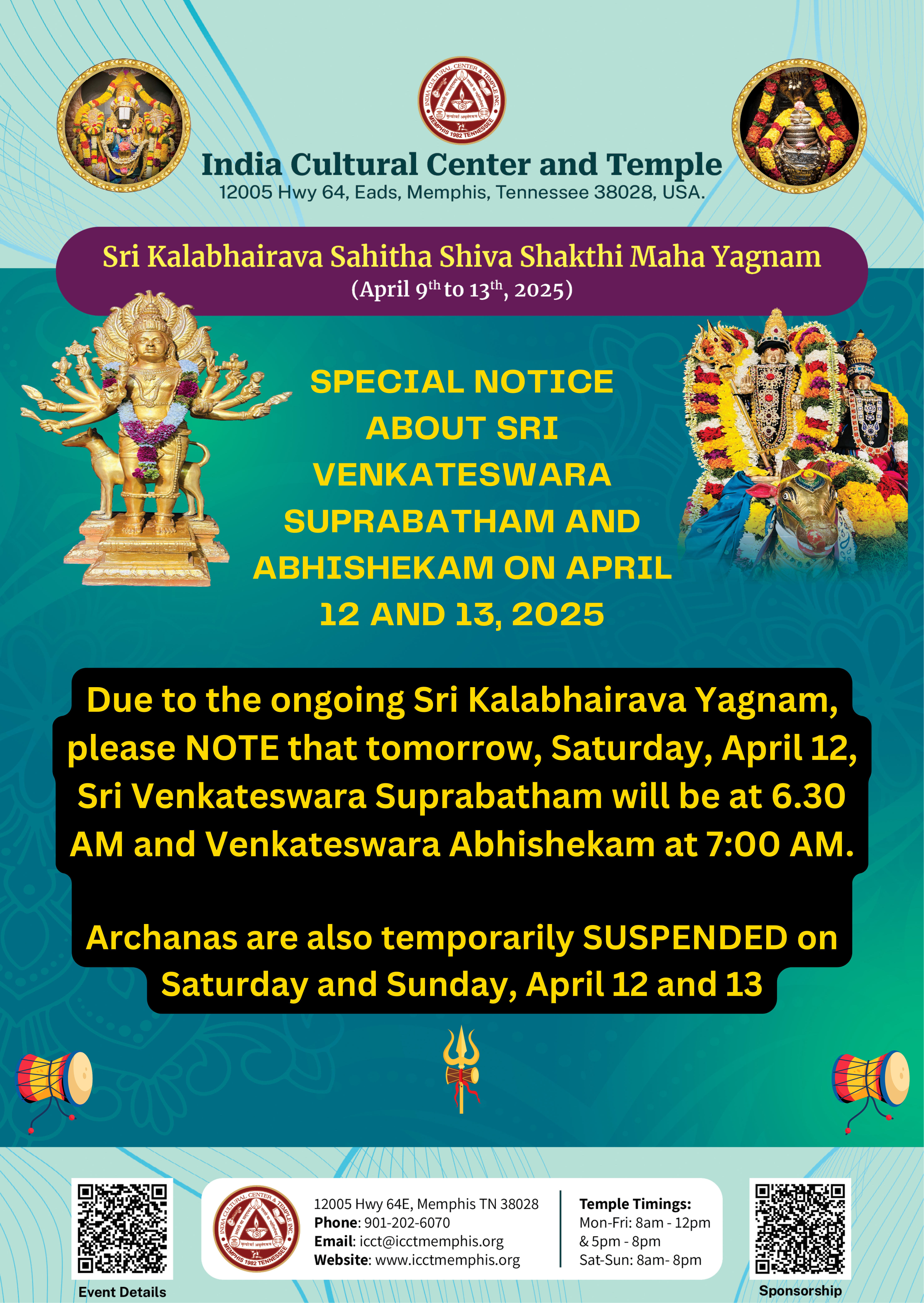 April 12 (Saturday) - Special Notice about Sri Venkateswara Suprabatham and Abhishekam