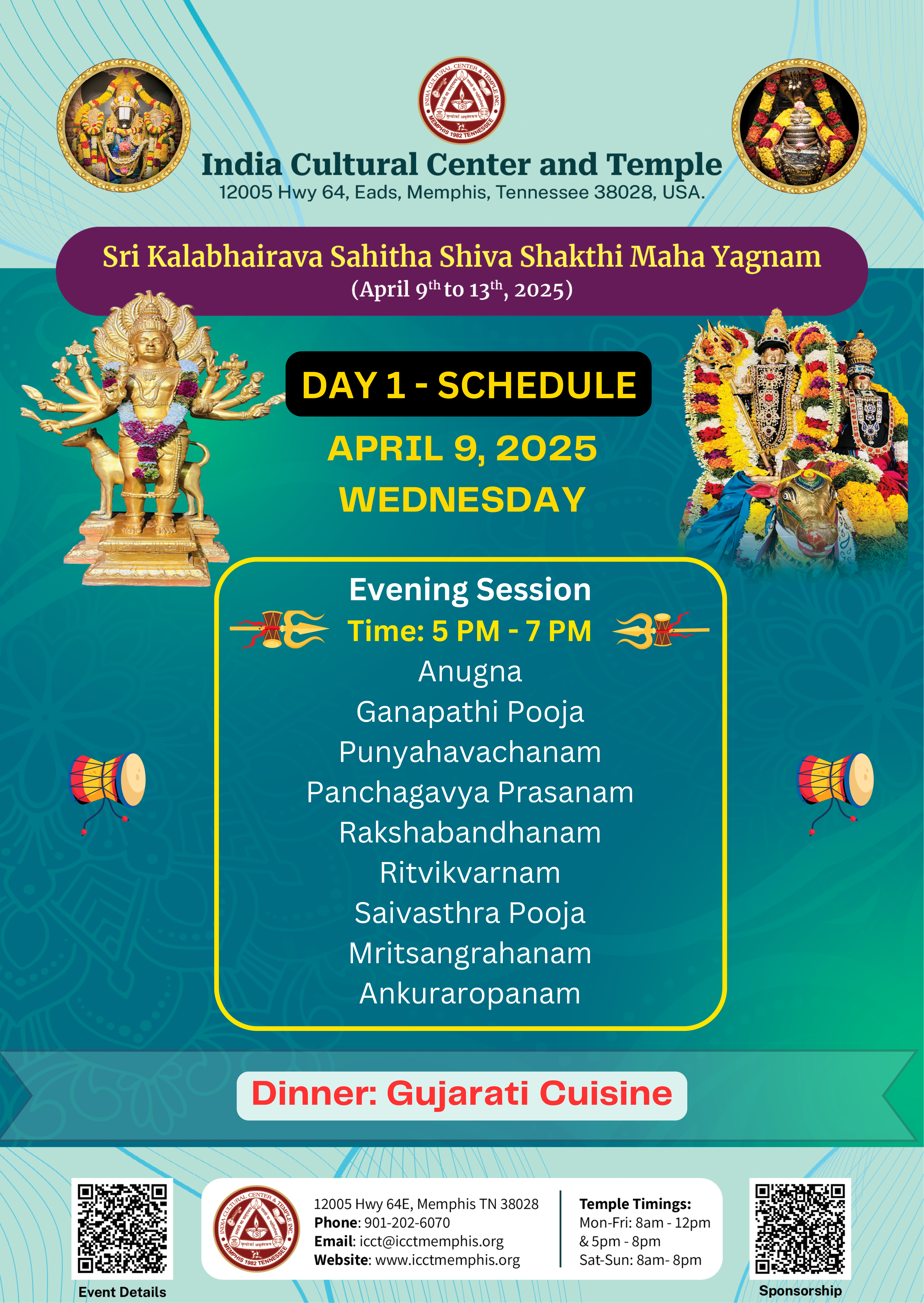 Day 1 (April 9 - Wednesday) Schedule for Sri Kalabhairava Sahitha Shiva Shakthi Maha Yagnam 2025