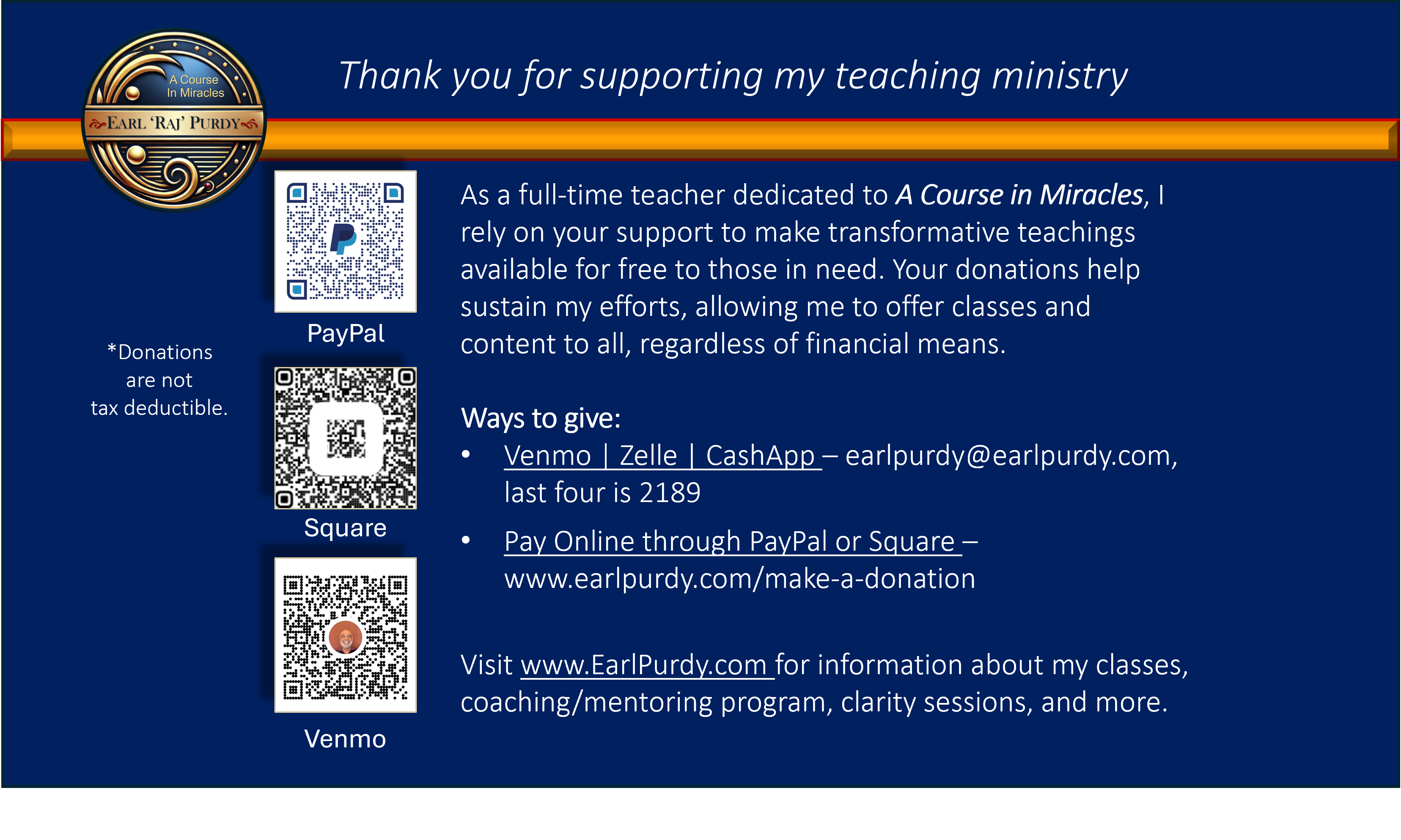 Visual listing the various ways to donate to Earl Purdy's teaching ministry.