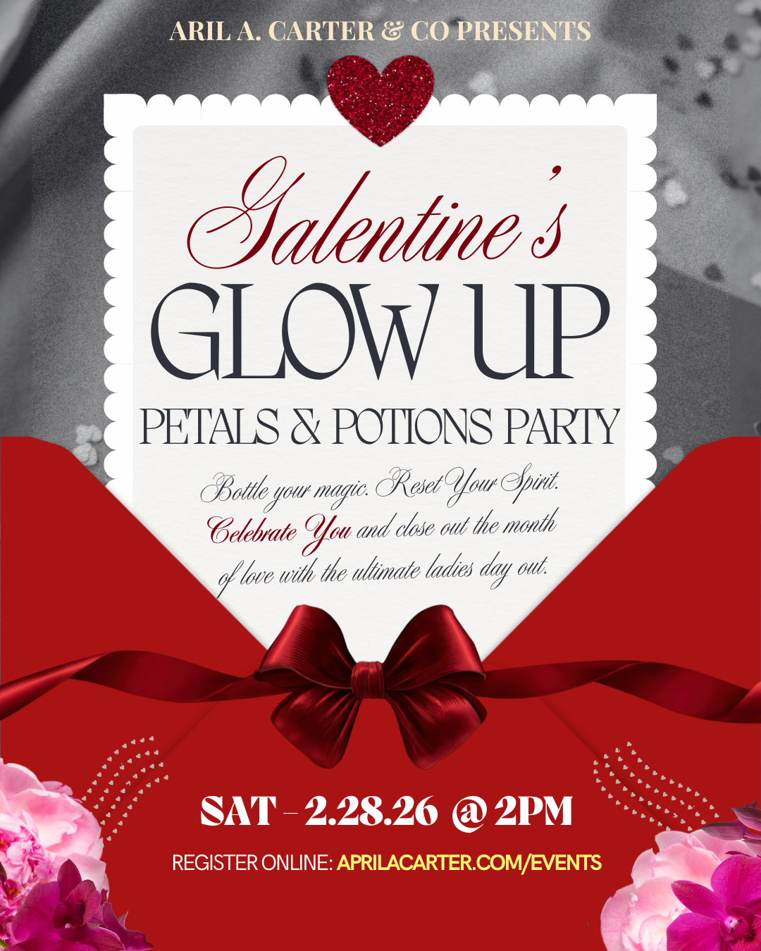 Celebrate you at the Galentines Glow Up: Petals & Potion Party in Charlotte, NC. Enjoy prosecco, hors d’oeuvres, create your own essential oil blend, and connect with other women at this elegant self-love experience.