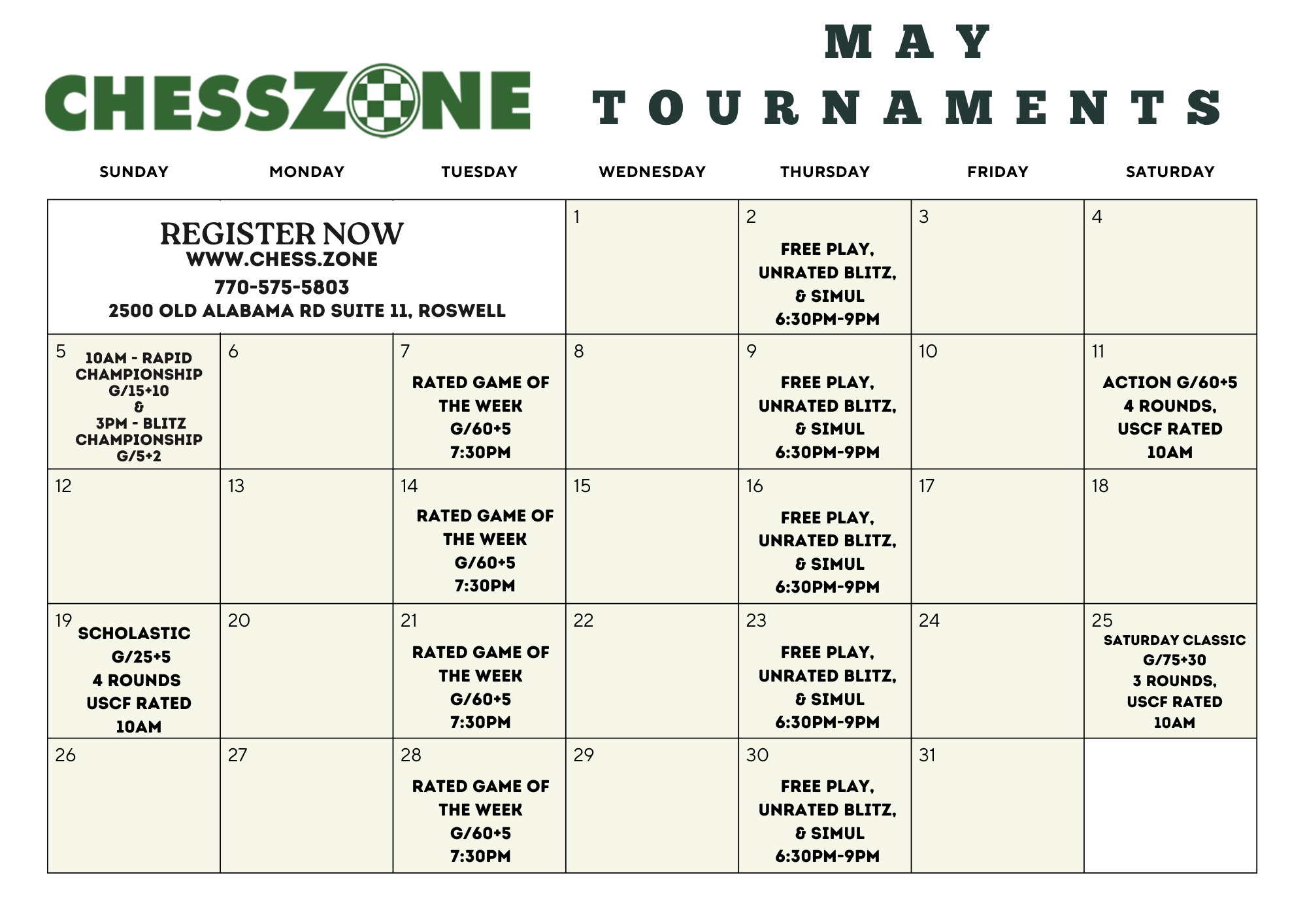 Chess Zone May Calendar