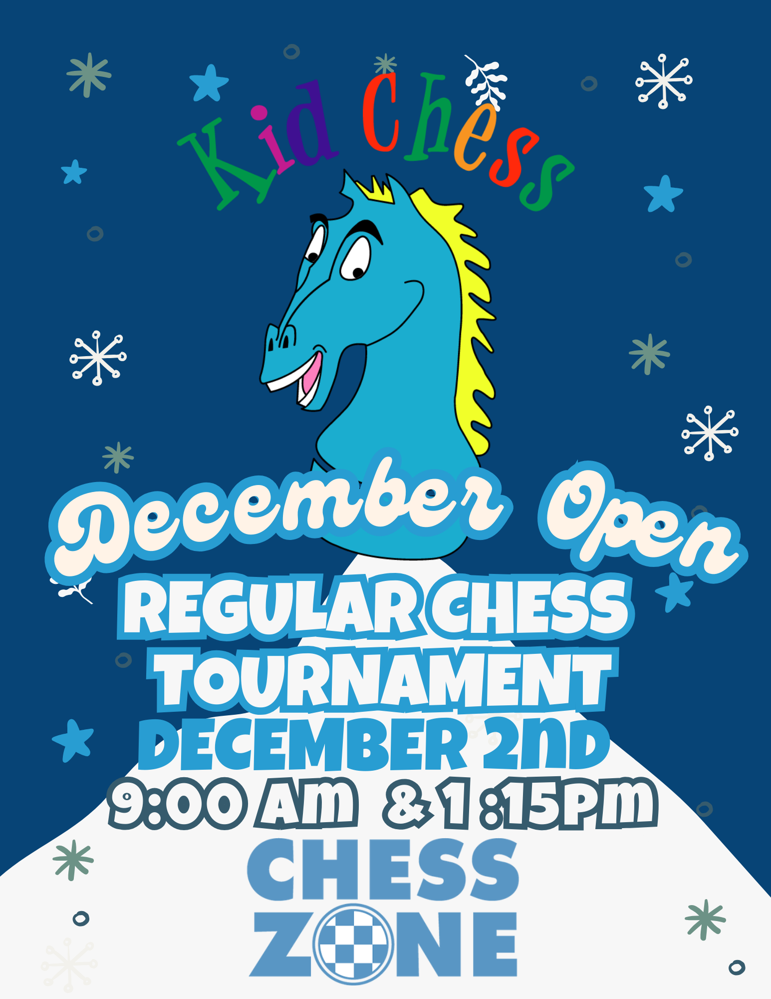 The Kid Chess December Open Tournament. A Picture of a Knight in the Snow with blue and white snowflakes around him.