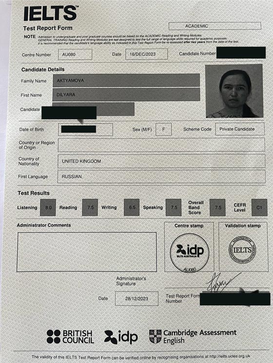 Dilyara Band 7.5 in IELTS with Band 8 in Listening