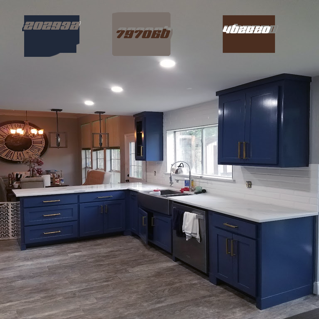 blue cabinets and gray walls