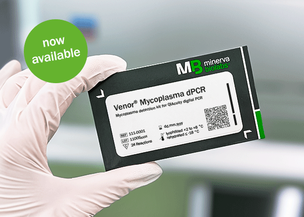 Photo of Venor® Mycoplasma dPCR packaging in front of a QIAcuity dPCR cycler