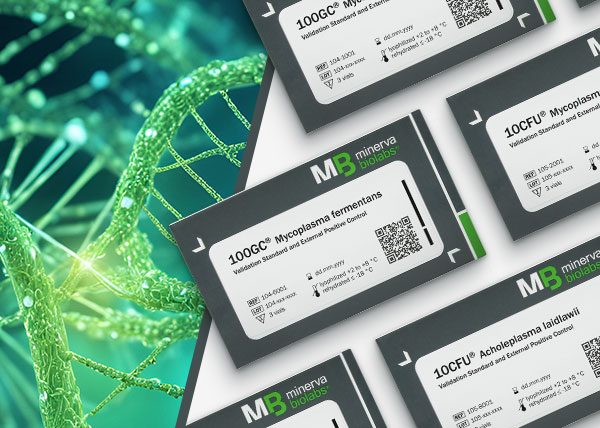 Illustration of a DNA and a photo of our redeveloped mycoplasma standards designed for Ph. Eur. 2.6.7 and USP <77>