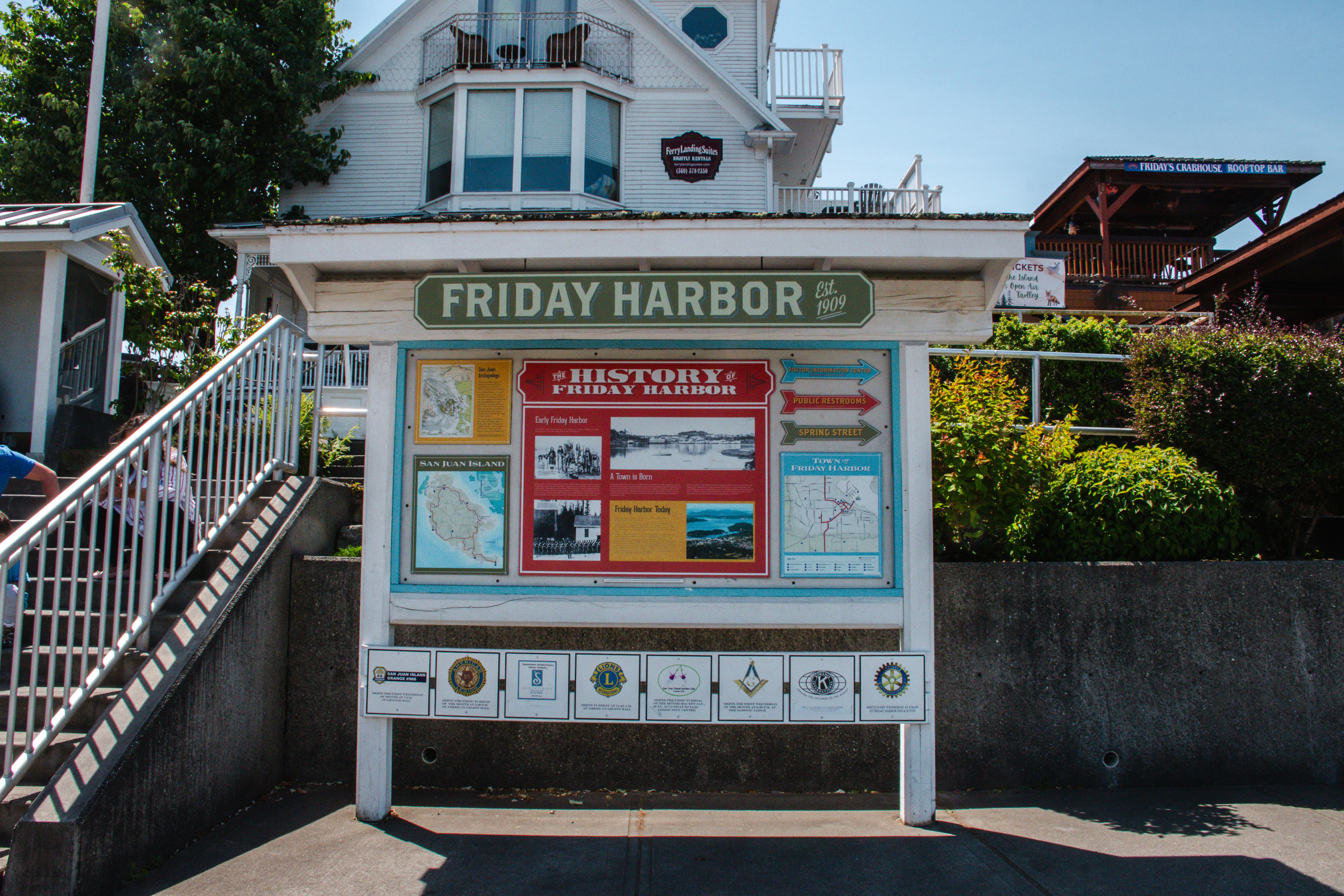 Friday Harbor interpretive sign, featuring maps and historical information on the area