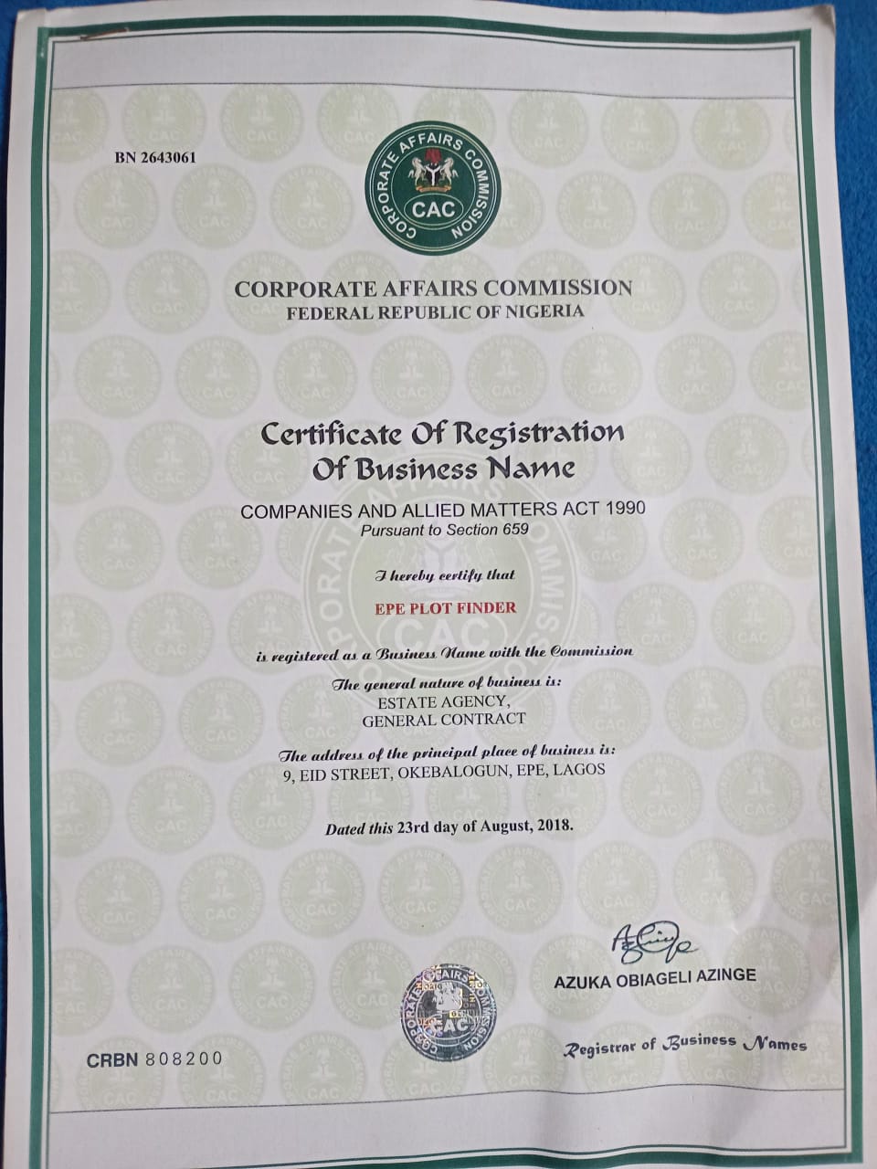 Epe Plot Finder's Certificate