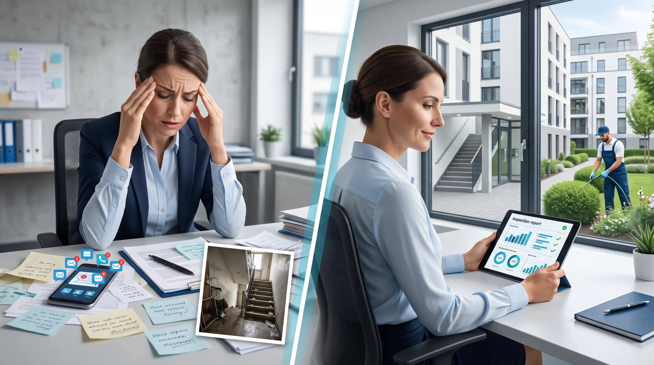 Problem und Lösung bei der Immobilienverwaltung: überlastete Hausverwaltung und organisierte Objektpflege mit gepflegter Immobilie