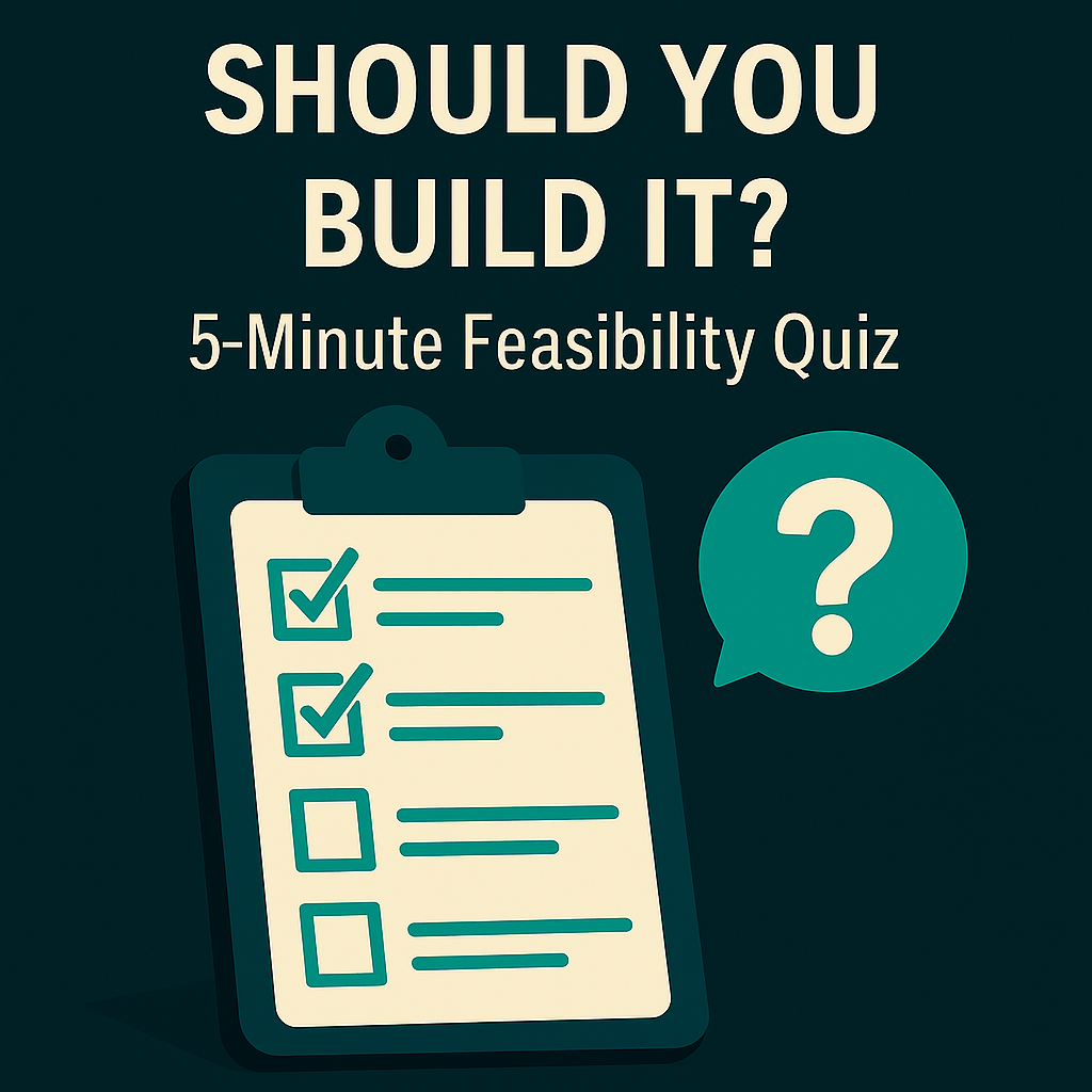 Minimalist image of a feasibility quiz for product inventors with checklist and question mark bubble on a clean dark background.