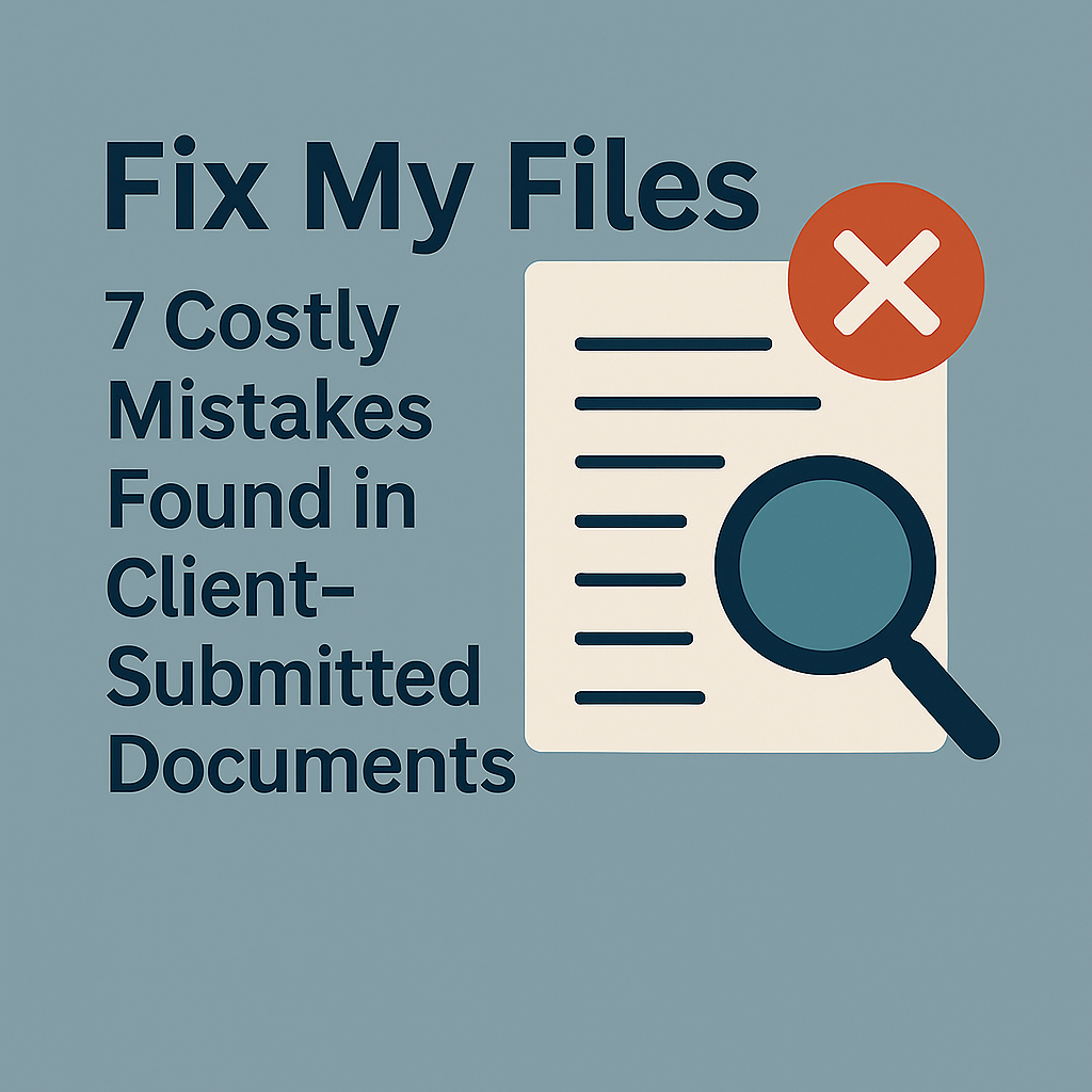 Modern graphic showing engineering document review with file icon, magnifying glass, and error mark for client document audits.
