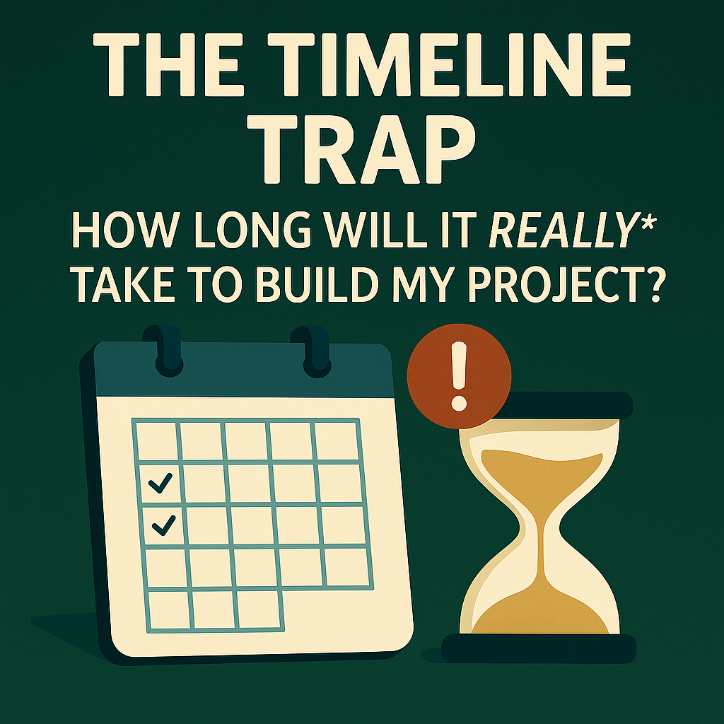 Timeline graphic with calendar and hourglass for product development stages and typical hardware engineering delays.