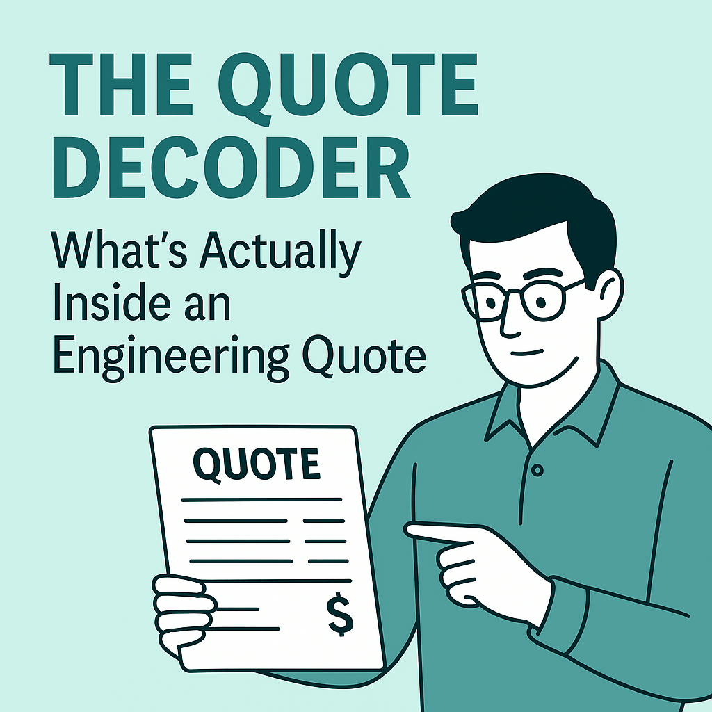 Quote decoder illustration showing annotated engineering quote with clear pricing and deliverable breakdown in teal palette.