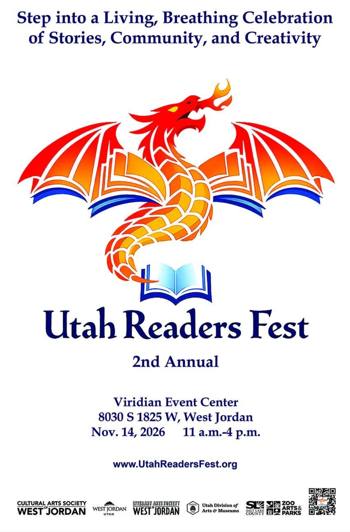 Official flyer for the 2nd Annual Utah Readers Fest, Saturday, November 14, 2026, from 11 AM to 4 PM at the Viridian Event Center in West Jordan, Utah.