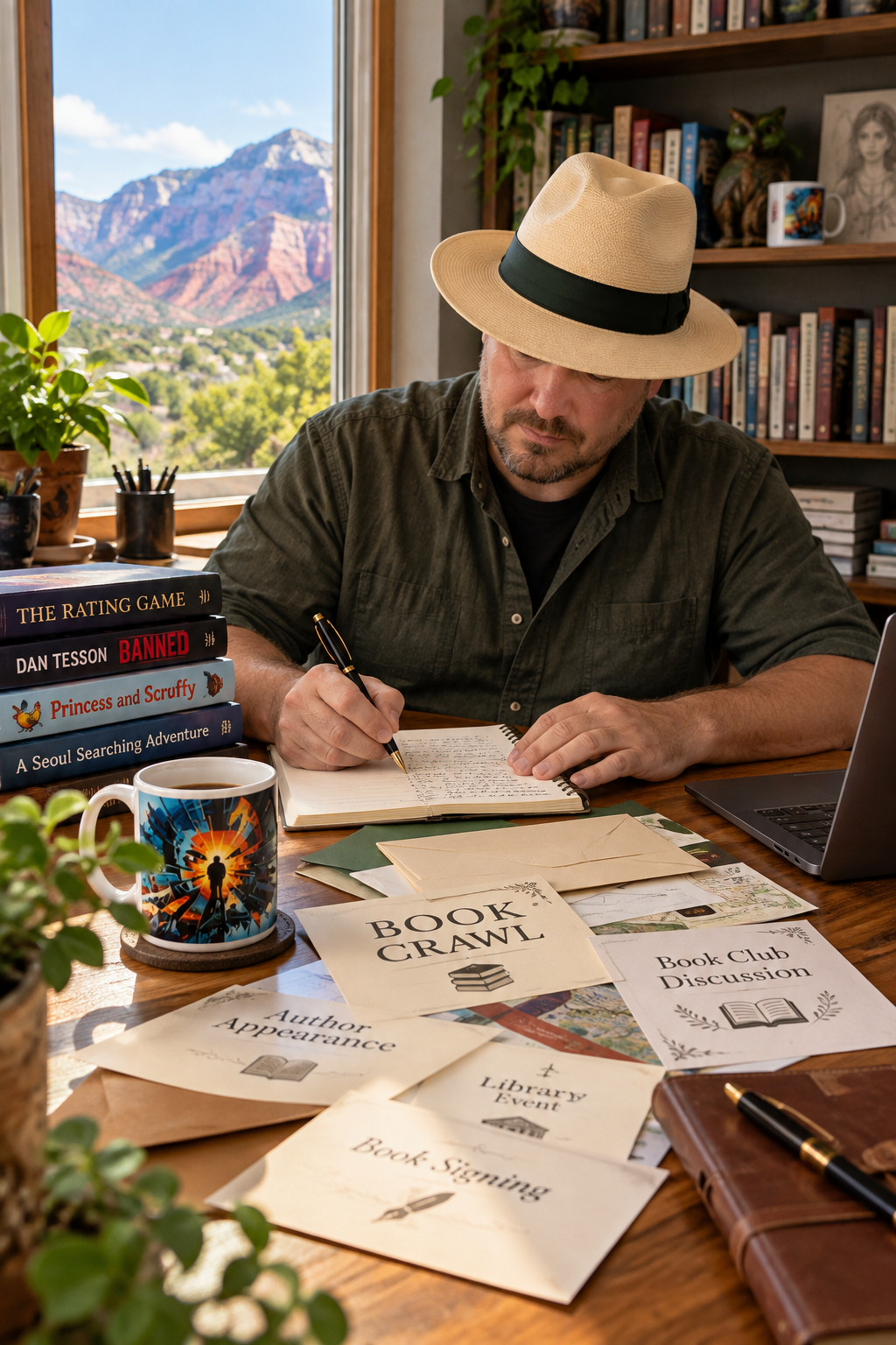 Sean O'Leary writing at his desk, surrounded by books and literary invitations, with Utah mountains visible through the window.