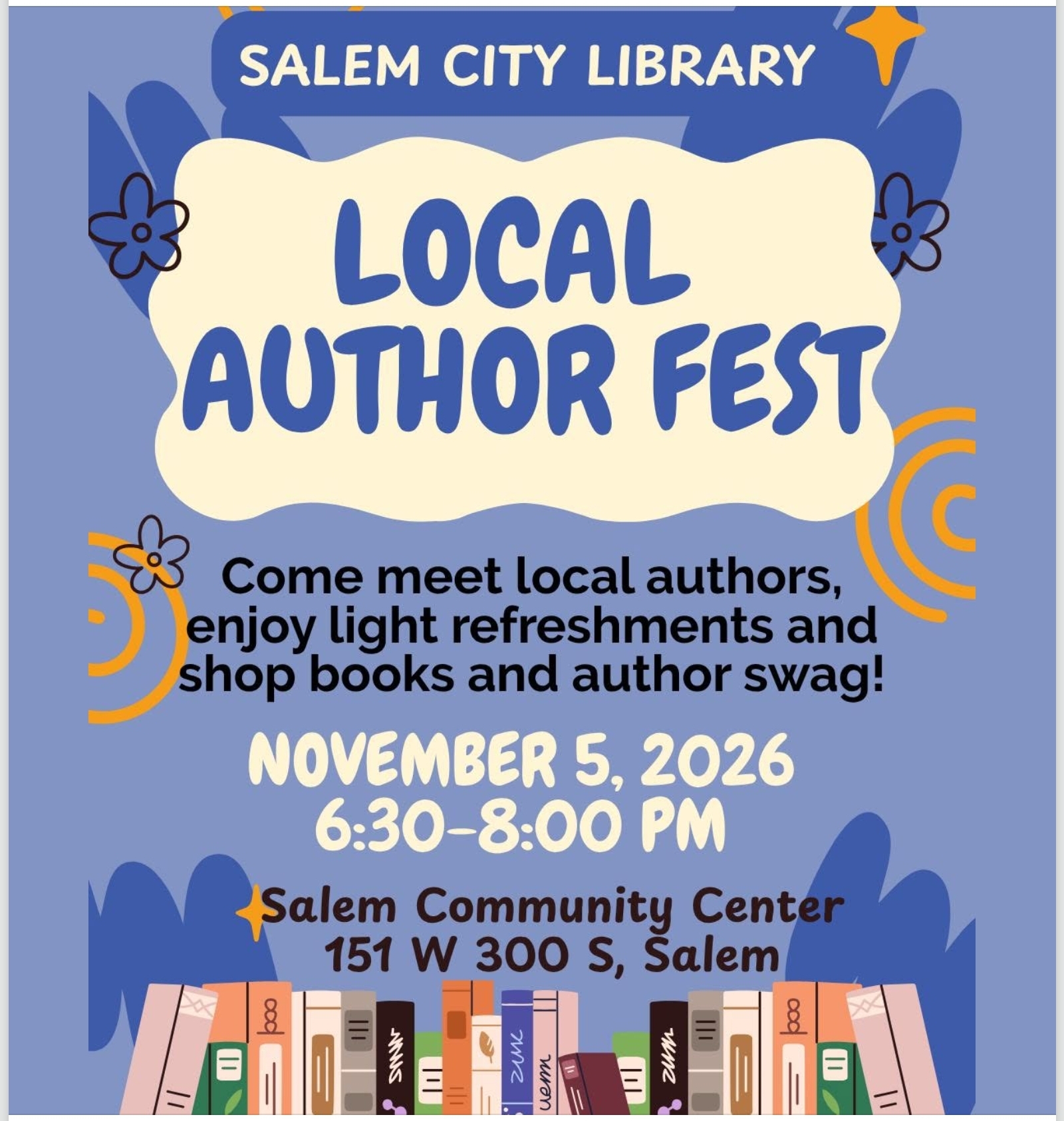 Salem City Library Local Author Fest flyer announcing November 5, 2026, from 6:30 to 8:00 PM at the Salem Community Center, 151 W 300 S, Salem, Utah.