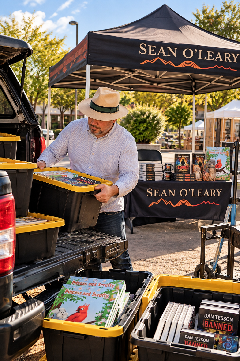 Sean O'Leary unloading books from his pickup truck and preparing his branded pop-up display for a book festival.