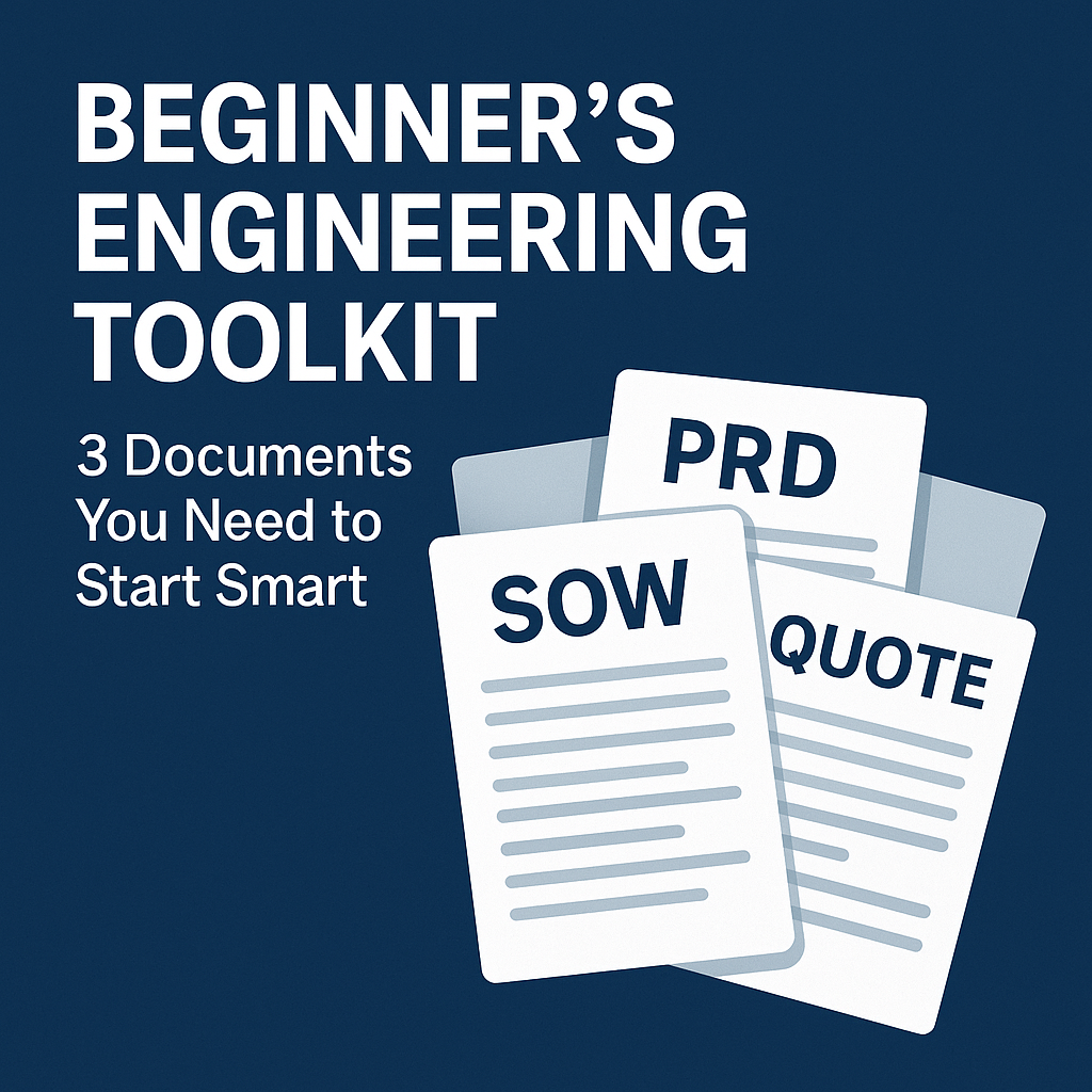 Stylized image of beginner engineering toolkit with editable PRD, SOW, and quote templates on a light mint background.