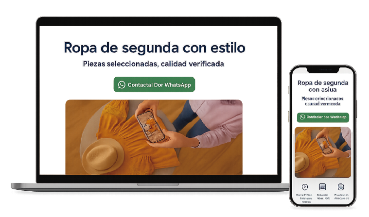 Landing con CTA de WhatsApp en laptop y móvil