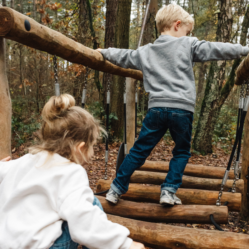 twee kinderen spelen op een speeltuig in het bos