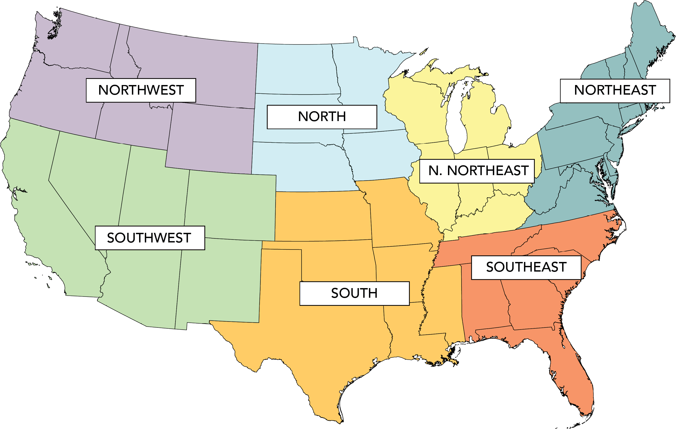 Colored regional map of the United States