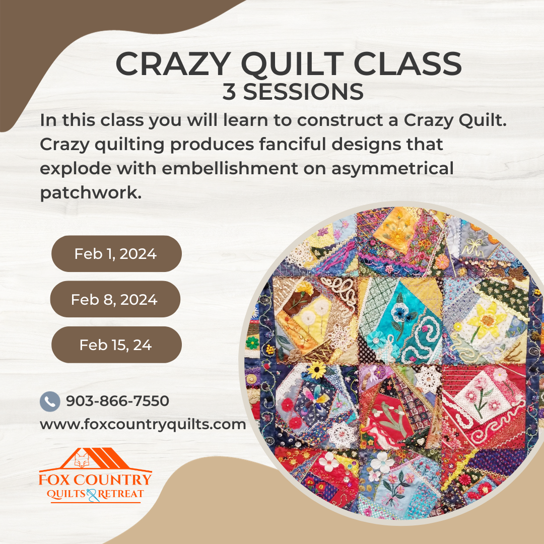 Crazy quilting produces fanciful designs that explode with embellishment on asymmetrical patchwork. In this class, learn how to stabilize  fabrics and discover block construction methods sewn on a muslin foundation, including straight seams, curved seams, freezer paper appliqué and free-form techniques. Let your crazy imagination run wild as you combine basic and advanced hand embroidery stitches to make fabulous seam treatments, embellishing with silk ribbon flowers, beads, buttons, couching, appliqué and charms. 