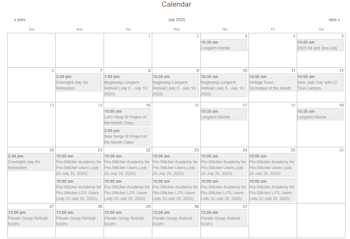 Calendar of classes