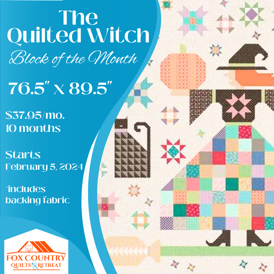 The Quilted Witch is all fun and no fright! Amidst a spread of beautiful stars, this cute quilt features a pieced witch, cat, pumpkin and broom ready for a stitchy joyride. Finished size: 76.5“ x 89.5“.  The fabrics for this block of the month have been carefully selected and is close to the original. We've chosen a wonderful blend of Lori Holt fabrics and added in a few other classics for a unique Lori Holt scrappy look.  Have no fear in making this quilt, month by month, because we've pre-cut all of your pieces just for you. This is a 9-month block of the month that is targeted to be complete in the month of October.  Backing is included in this BOM.