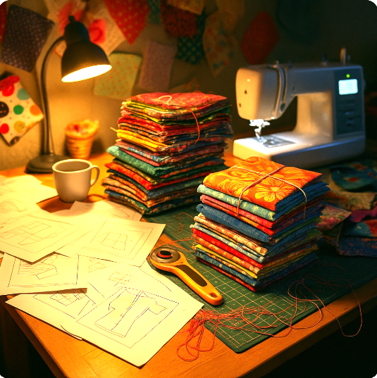 Pic of a table with a stack of fabric, sewing machine and paper patterns