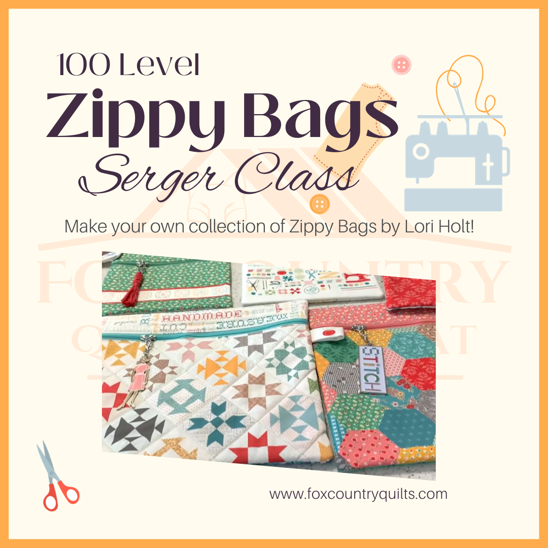 If Grandma's aprons were summer-sun-bleached on a clothesline, these would be their colors. Lori Holt's Calico collection features a variety of ditsy prints plus checks and plaids to cast a vintage glow. Join us in this serger class and make your own collection of Lori Holt's Zippy Bags.