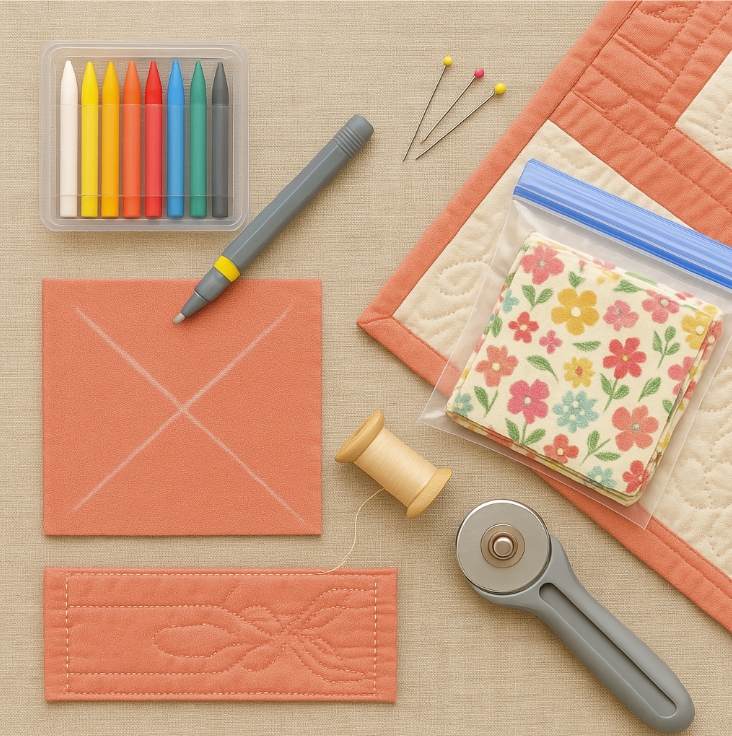 Pic of a table with a stack of fabric, rotary cutter, and chalk pencils
