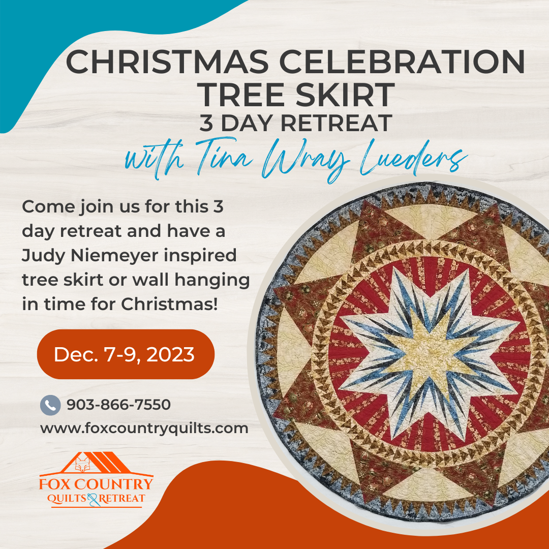 Join us for a 3-day retreat and make a Christmas Celebration Tree Skirt. This Quiltworx pattern is beginner friendly, especially with guidance from the wonderful Tina Wray Lueders! The finished topper/skirt measures 60“ x 60, and the techniques for the design include Foundation Paper Piecing, Floating Spikes, Floating Geese, Curved Piecing, Traditional Piecing, and Template Layout Sheets are all design elements used to create this work of art. 